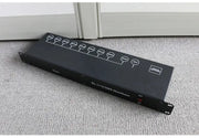 Black DecorBites™ el-1x8 dmx signal amplifier splitter with labeled ports and red power indicator for led lights distribution