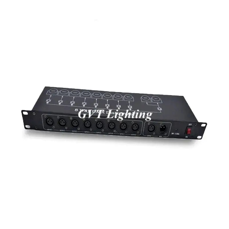 Black metal rack-mountable 8-port dmx512 signal amplifier splitter with xlr ports and red power switch for led lights