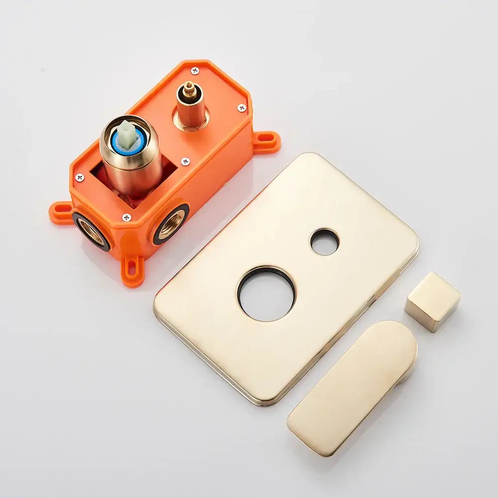 Decorbites™ 8 inch rainfall shower faucet set with orange plastic valve assembly brass fittings and brushed gold handle