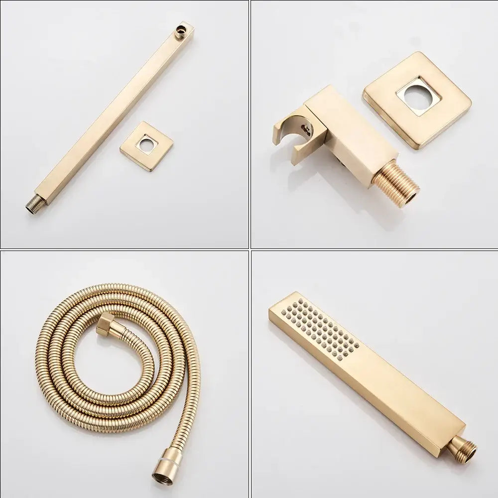 Gold-toned rectangular showerhead with small spray holes in decorbites™ 8 inch rainfall shower faucet set