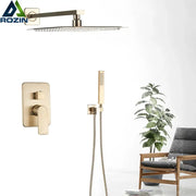 Gold-toned DecorBites™ 8 inch rainfall shower faucet set with rectangular showerhead and matching wall-mounted valve