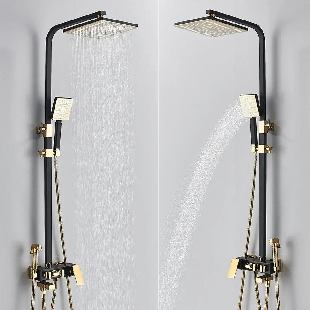 Black and gold two-tiered DecorBites™ shower set with 8 inch rainfall shower and bidet function wall mounted mixer tap