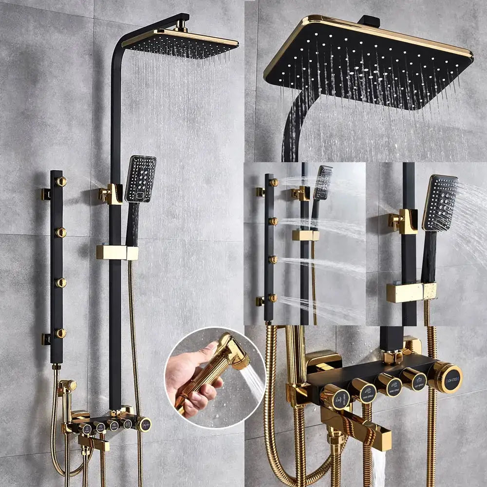 Black and gold DecorBites™ 8 inch rainfall shower set with bidet function featuring rainhead handheld spray and wall mixer