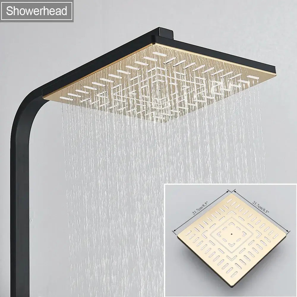 Square rainfall showerhead with black frame and gold face featuring geometric jets in DecorBites™ shower set with bidet function