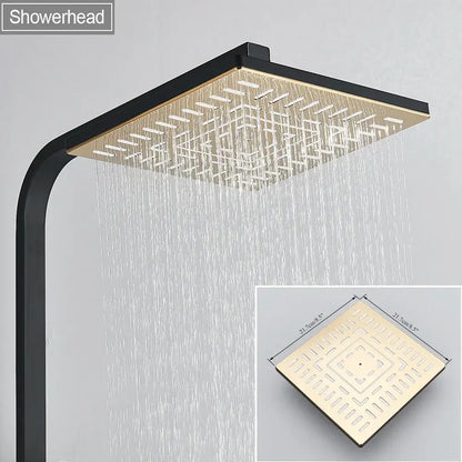 Square rainfall showerhead with black frame and gold face featuring geometric jets in DecorBites™ shower set with bidet function