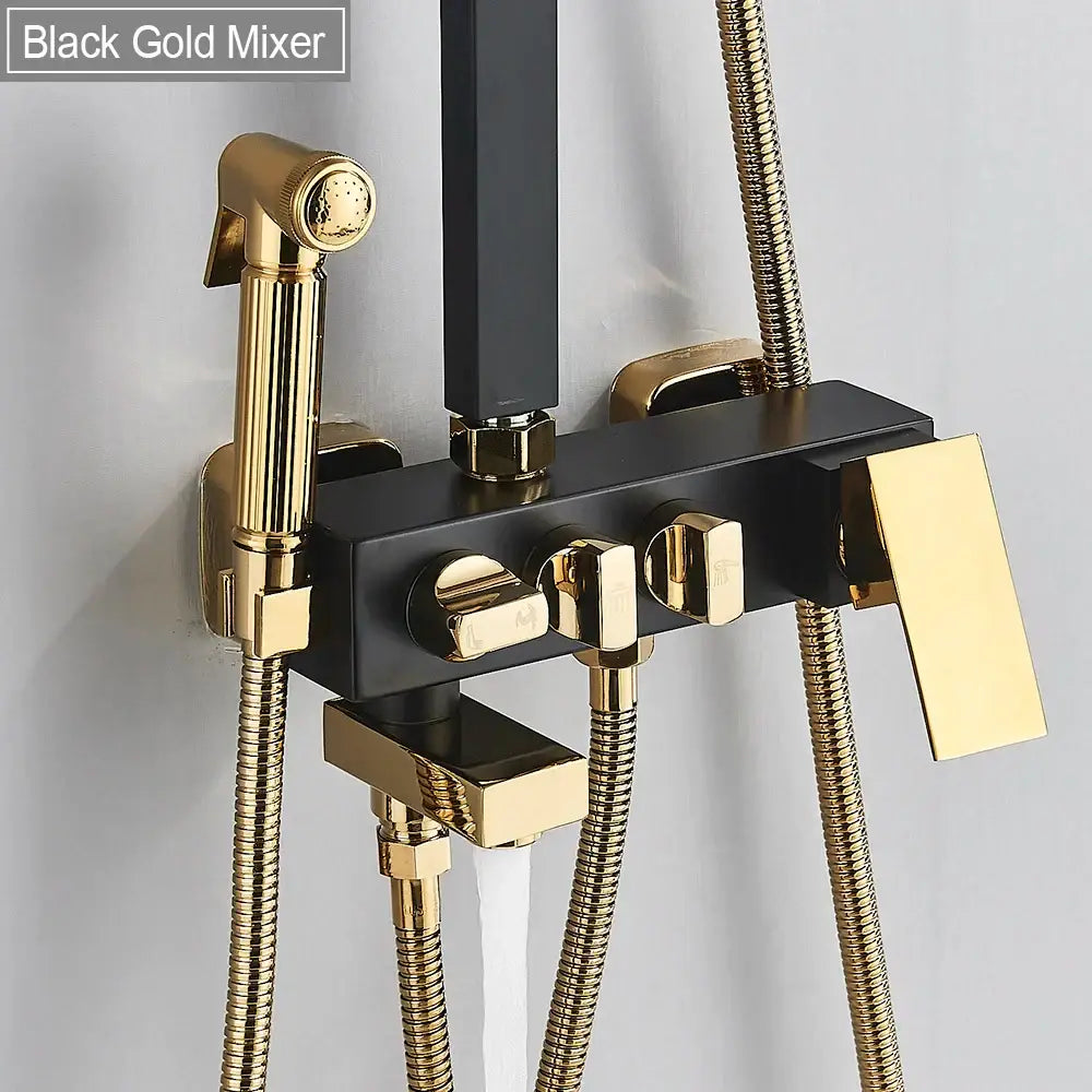 Black and gold wall mounted bathroom mixer tap with three control knobs and brass hoses for rainfall shower set with bidet function