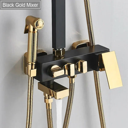 Black and gold wall mounted bathroom mixer tap with three control knobs and brass hoses for rainfall shower set with bidet function
