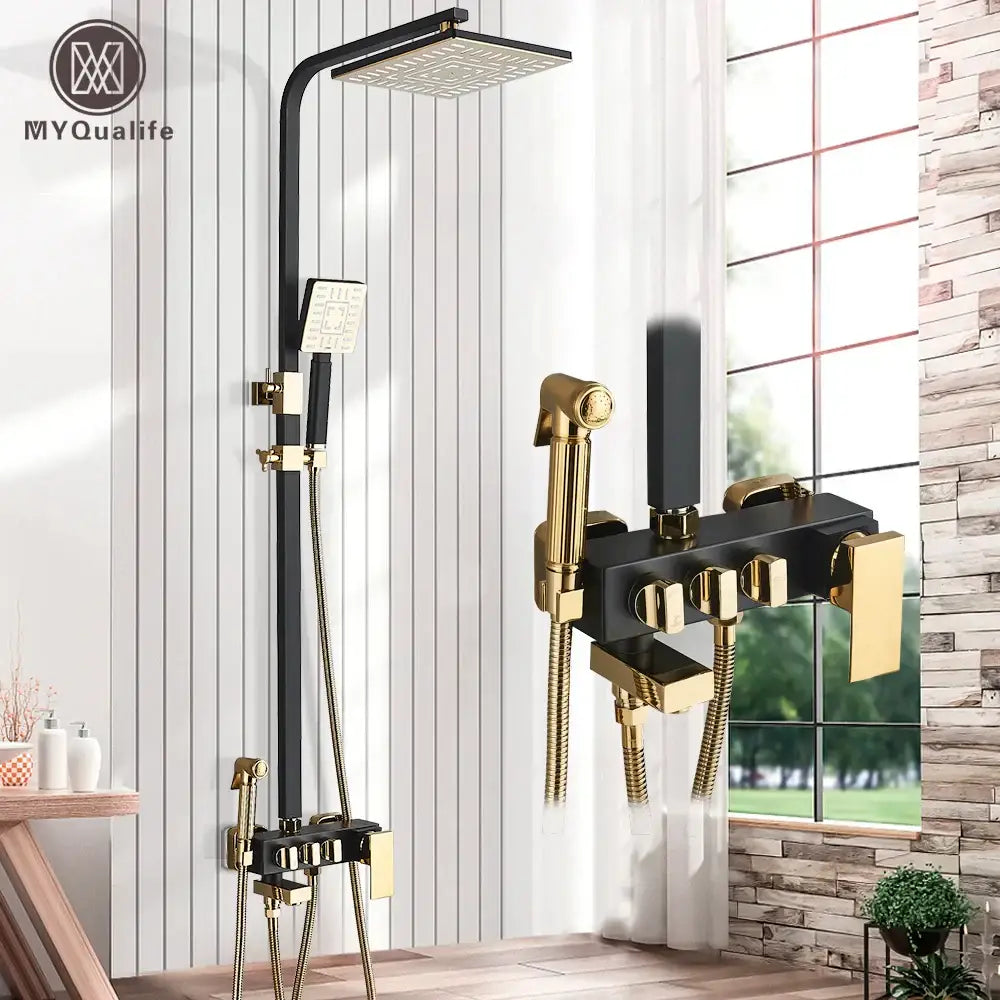 Black and gold DecorBites 8 inch rainfall shower set with bidet function wall mounted mixer tap and square rainhead