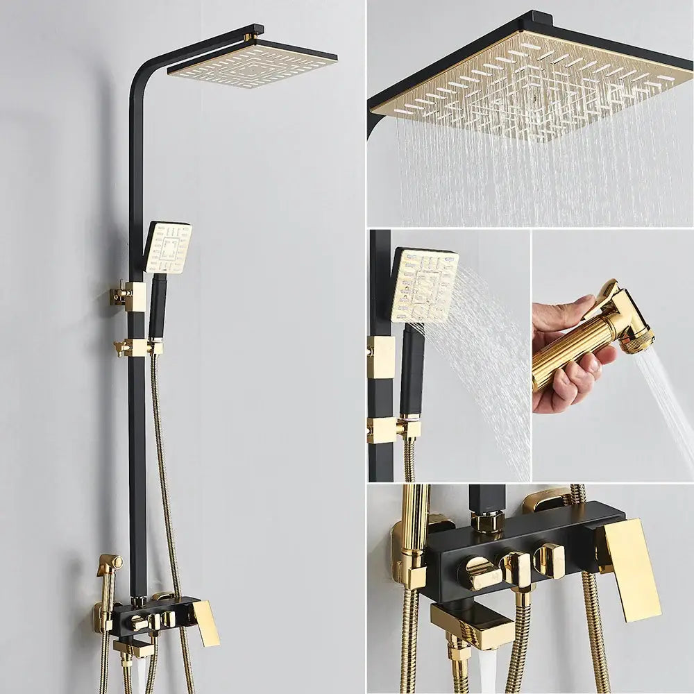 Black and gold modern DecorBites™ 8 inch rainfall shower set with bidet function and wall mounted controls