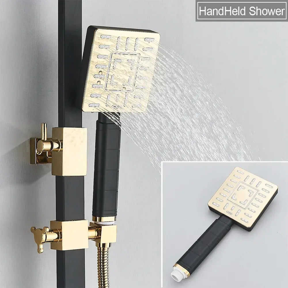 Gold finished square handheld showerhead with black textured grip and matching wall mounted fixtures in DecorBites rainfall shower set with bidet function