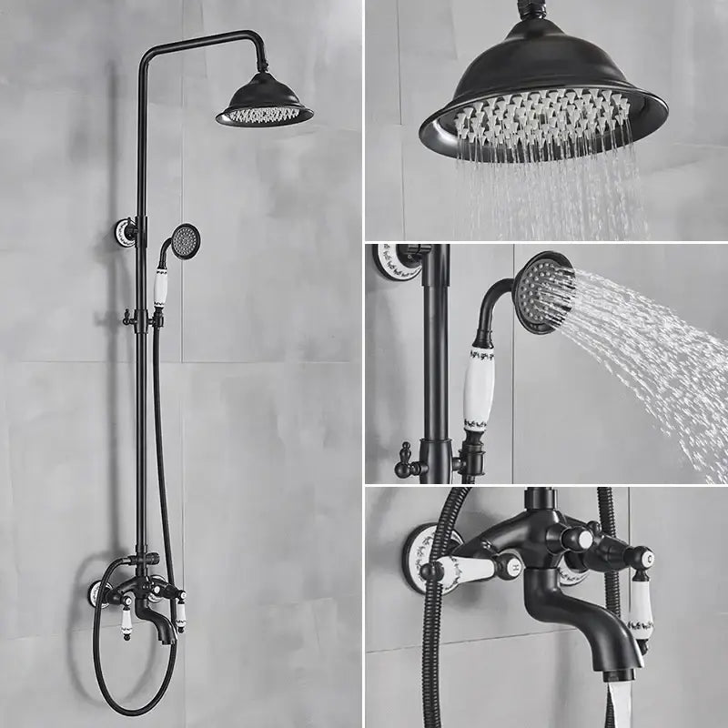 Black matte DecorBites™ 8 inch rainfall shower system with white ceramic knobs hand shower and bathtub faucet