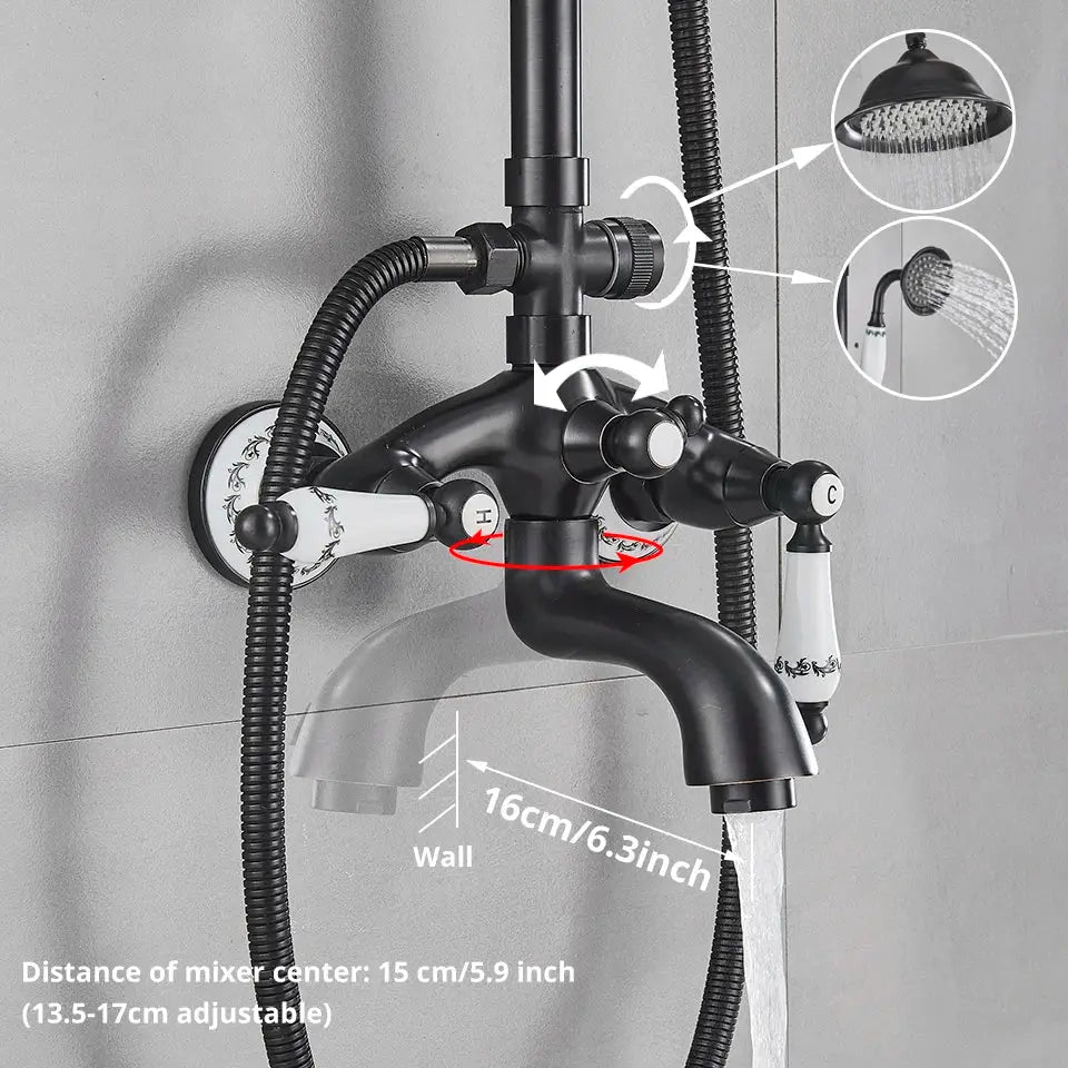 DecorBites™ 8 rain shower system with black matte bathtub faucet hand shower and white ceramic floral handles