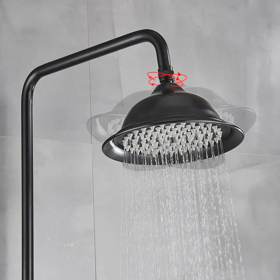 Black matte rainfall showerhead with multiple spray nozzles and curved arm for enhanced shower experience by decorbites