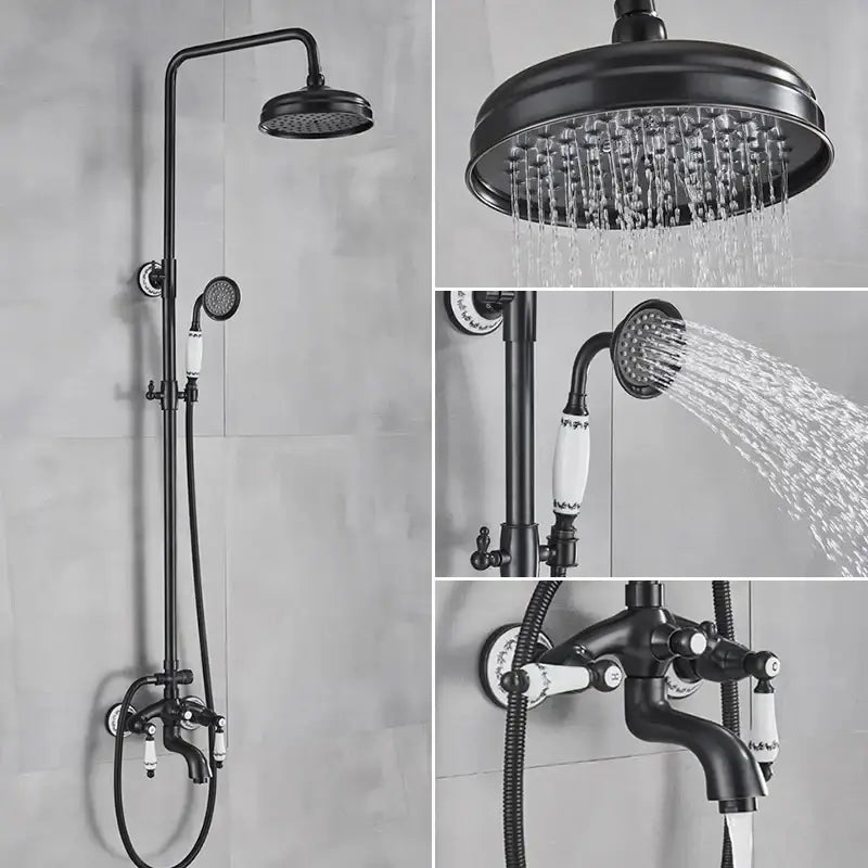 Black matte DecorBites™ 8 inch rainfall shower system with white ceramic handles and hand shower for enhanced shower experience