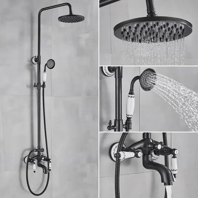 DecorBites 8 inch rainfall shower system in black matte with ceramic valve handles and hand shower for enhanced shower experience