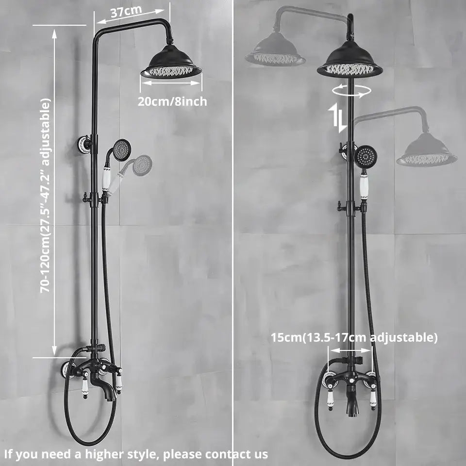 Black matte DecorBites™ rainfall shower system with 8 inch rainhead white ceramic knobs and chrome accents for enhanced shower experience