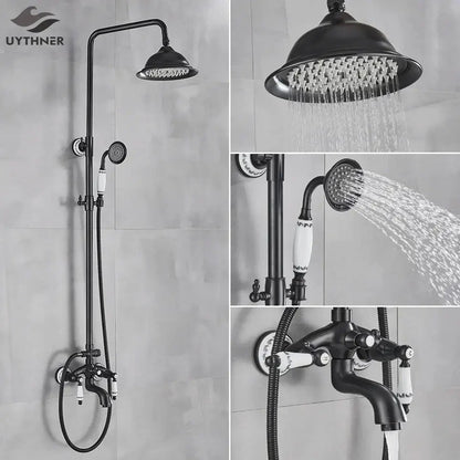Black matte DecorBites 8 inch rainfall shower system with white ceramic handles bathtub faucet and hand shower