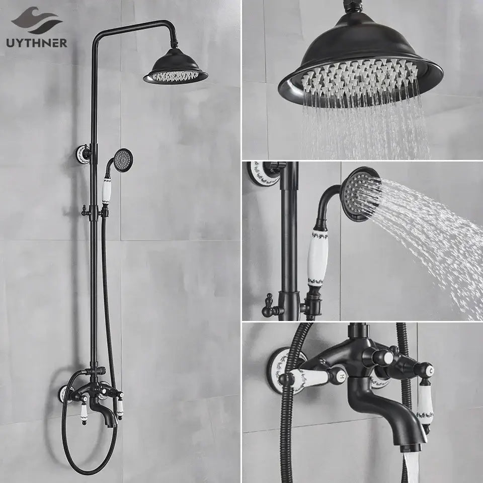 Black matte DecorBites 8 inch rainfall shower system with white ceramic handles bathtub faucet and hand shower