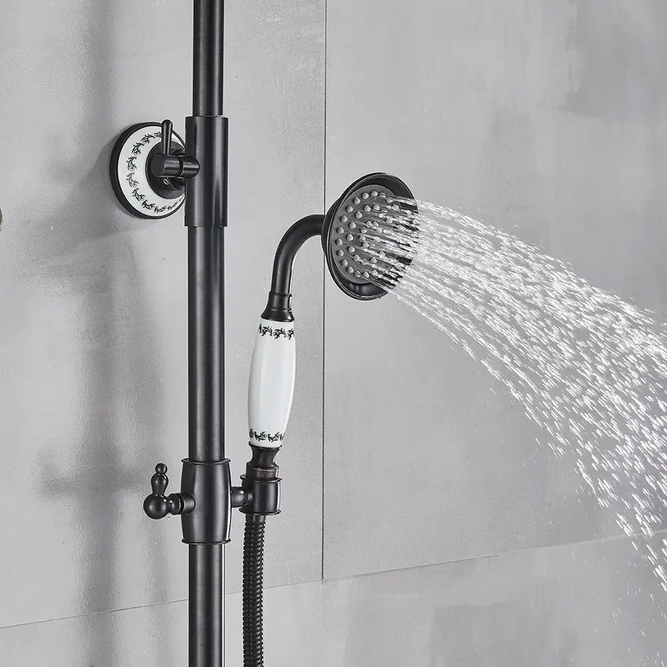 DecorBites™ 8 inch black matte rainfall shower system with white ceramic accents and hand shower for enhanced shower experience