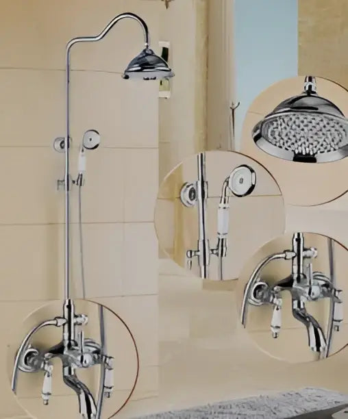 Chrome-finished DecorBites™ 8 inch rainfall shower tub faucet set with rotate spout and two handles for shower tub use