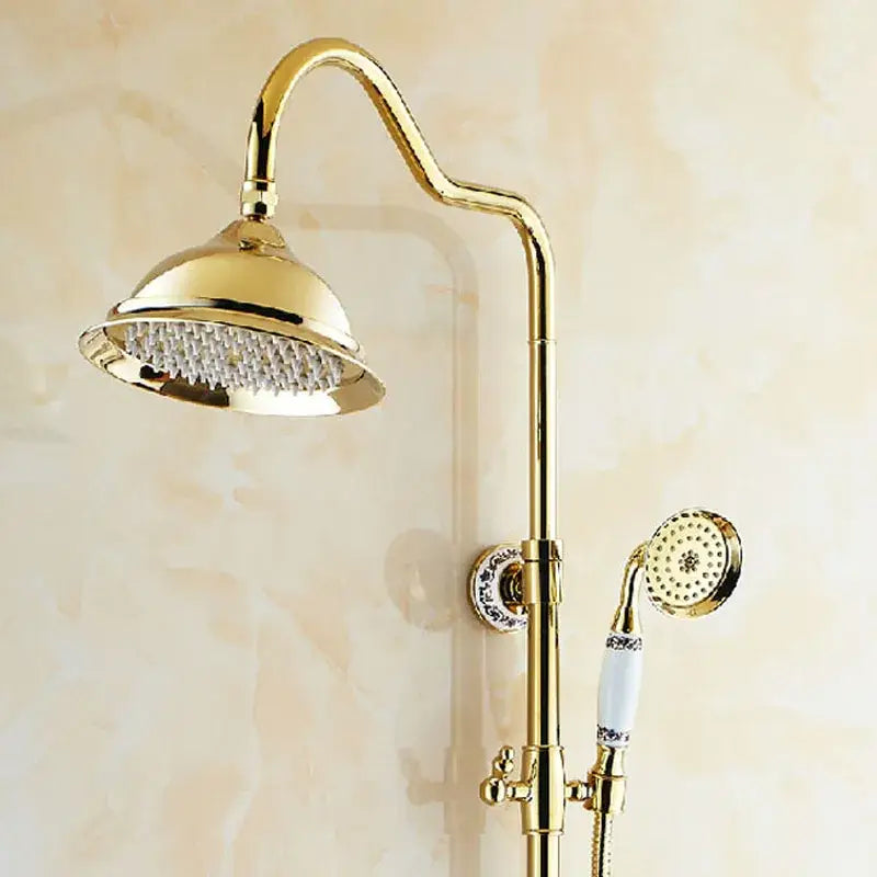 Gold-finished DecorBites™ 8 inch shower tub faucet set with rotate spout, two handles, ceramic accents, and rainhead