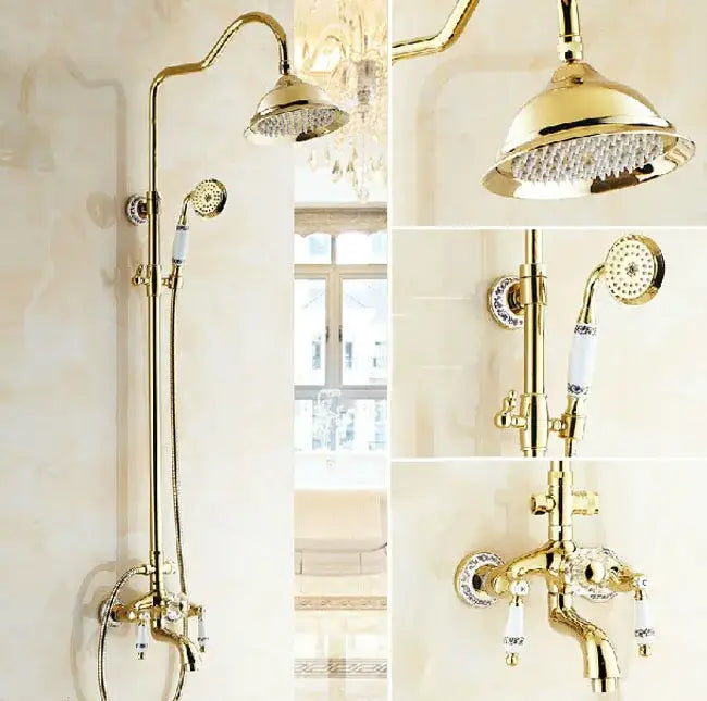Decorbites™ gold-finished brass shower tub faucet set with 8 inch rainhead, rotate spout, and ornate handles