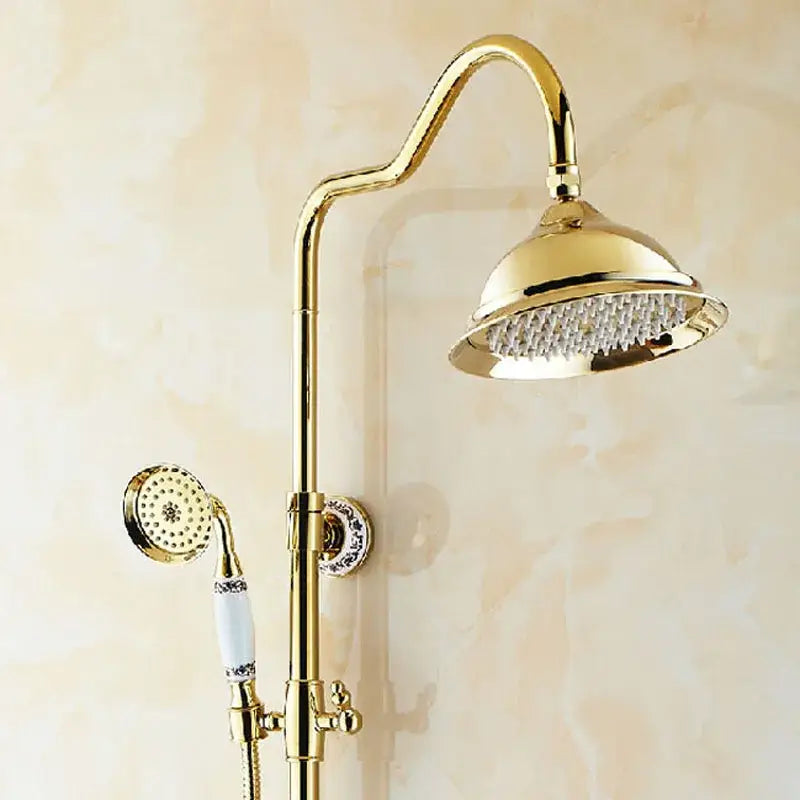 Gold finished DecorBites 8 inch rainfall shower tub faucet set with curved arm and white ceramic handheld sprayer accents