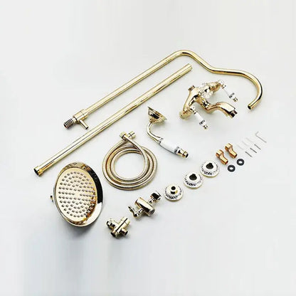 Gold-finished brass decorbites 8 inch shower tub faucet set with ornate design and matching rainfall showerhead