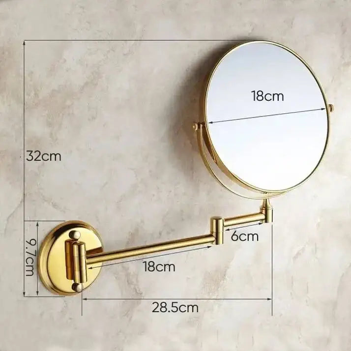 Decorbites™ 8 inch round brass dual makeup mirror with gold finish and extendable articulated arm wall-mounted makeup mirror