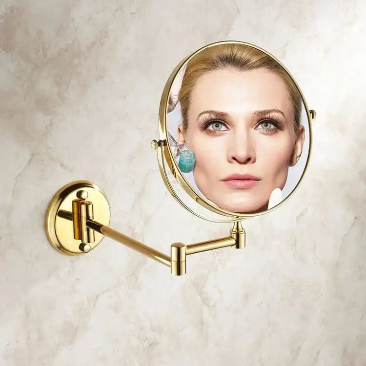 DecorBites 8 inch round brass dual makeup mirror with gold finish wall mount and adjustable arms with 3x magnification