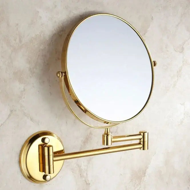 Decorbites™ 8 inch round brass dual makeup mirror with gold finish and articulated arm for adjustable positioning