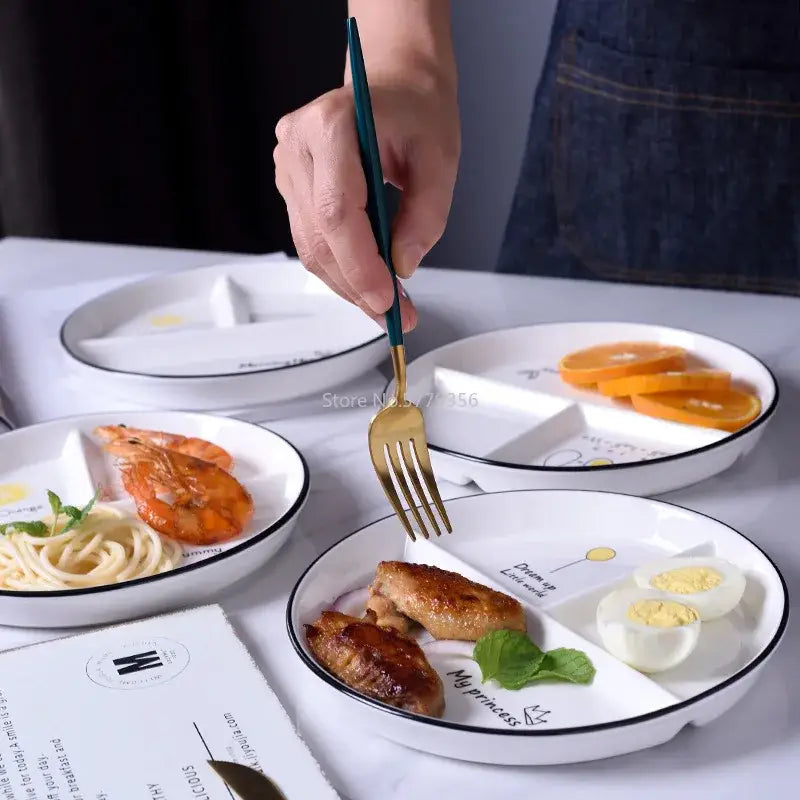 White ceramic round grid plate with black rims and playful my princess text from DecorBites™ perfect for solo dining
