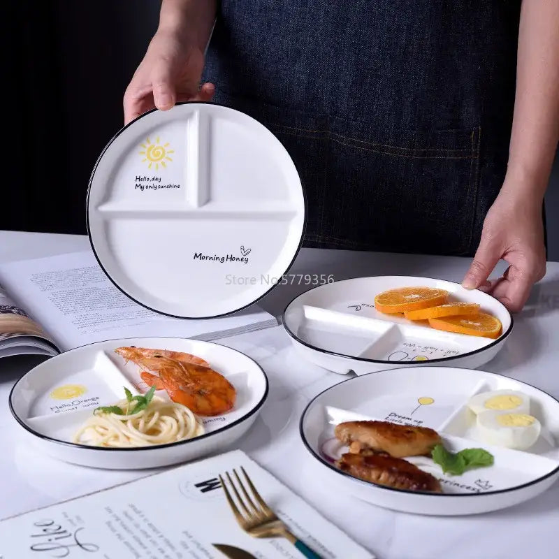 White ceramic DecorBites round grid plate with black rim and yellow sun design perfect for solo dining or family breakfast