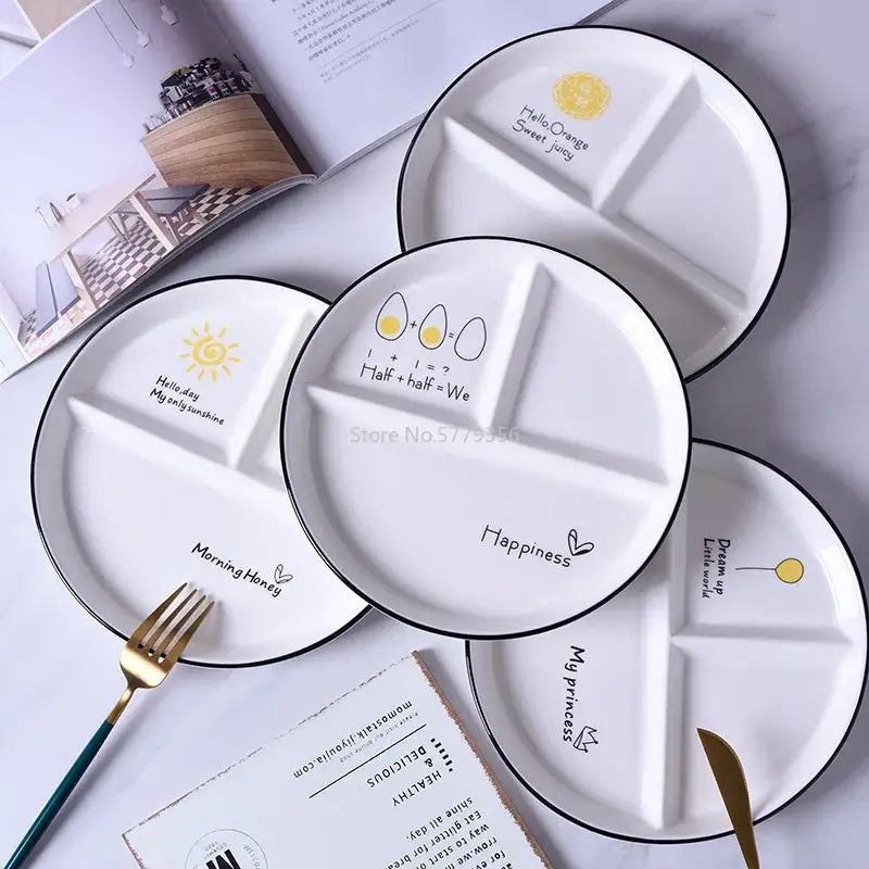 Decorbites™ 8 inch white ceramic round grid plate with black rims and minimalist designs for solo dining or family breakfast
