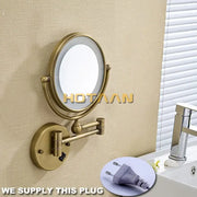 Brass-finished wall-mounted decorbites 8 inch round led light makeup mirror with adjustable arm and dual magnification