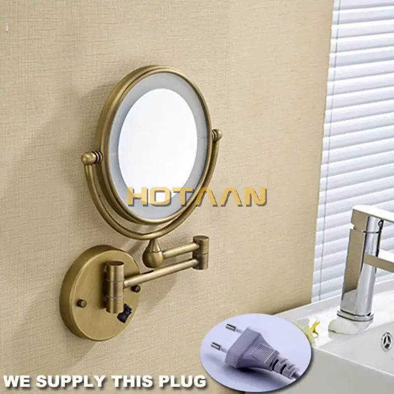 Brass-finished wall-mounted decorbites 8 inch round led light makeup mirror with adjustable arm and dual magnification