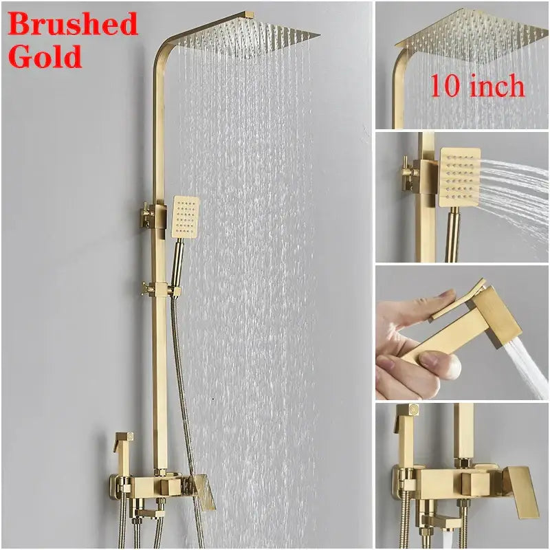 Decorbites 8 inch square rainfall shower faucet set in brushed gold with 10 inch rainfall shower head and handheld fixtures