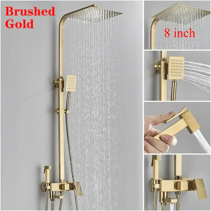 Brushed gold 8 inch square rainfall shower faucet set with handshower by decorbites wall mount single handle