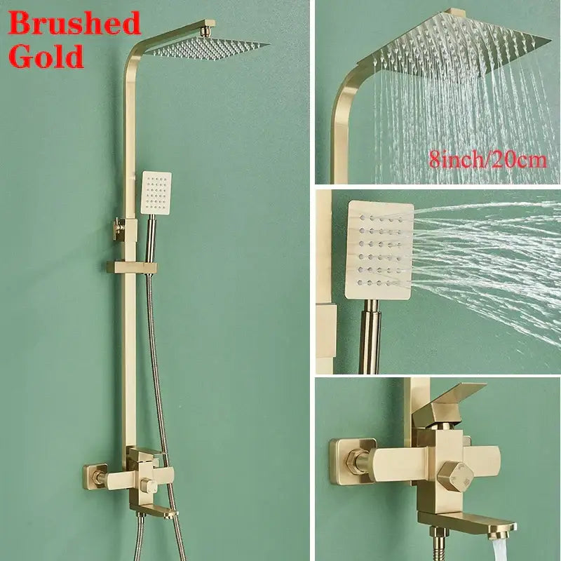 Decorbites™ brushed gold shower faucet set with 8 inch square rainfall rainhead and handheld spray wall mount single handle
