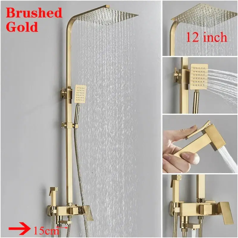 Brushed gold 12-inch rainfall shower faucet set with handheld and wall-mounted assembly for elegant bathroom use