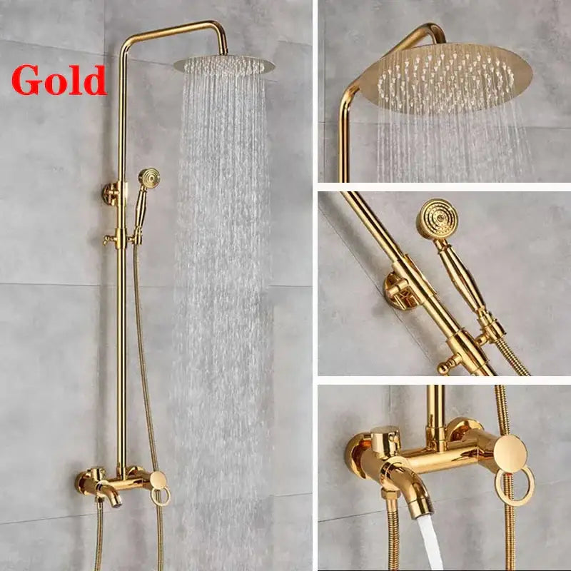 Decorbites 8 inch square rainfall shower faucet set in gold finish with handheld spray and wall mount control valve