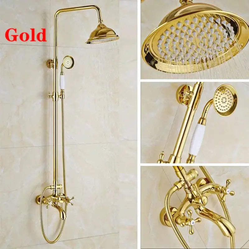 Gold-finished DecorBites™ 8 inch square rainfall shower faucet set with handshower featuring brass fixtures and ceramic handles