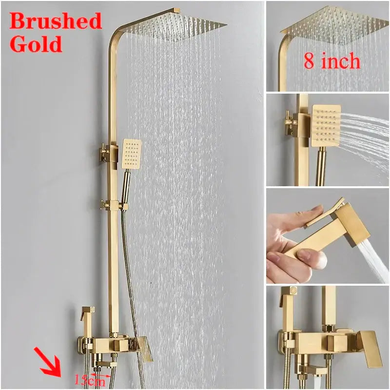 Decorbites™ brushed gold shower faucet set with 8 inch rainhead, handheld spray, and wall-mounted faucet assembly