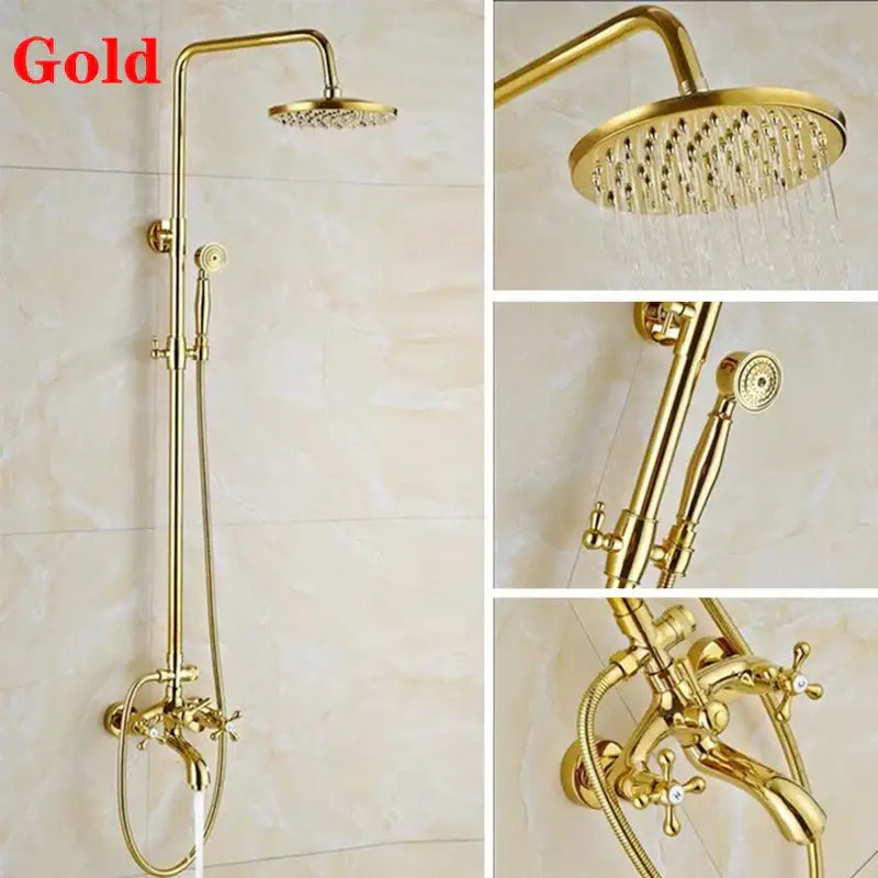 Gold-finished decorbites 8 inch square rainfall shower faucet set with handheld sprayer and wall-mounted faucet assembly