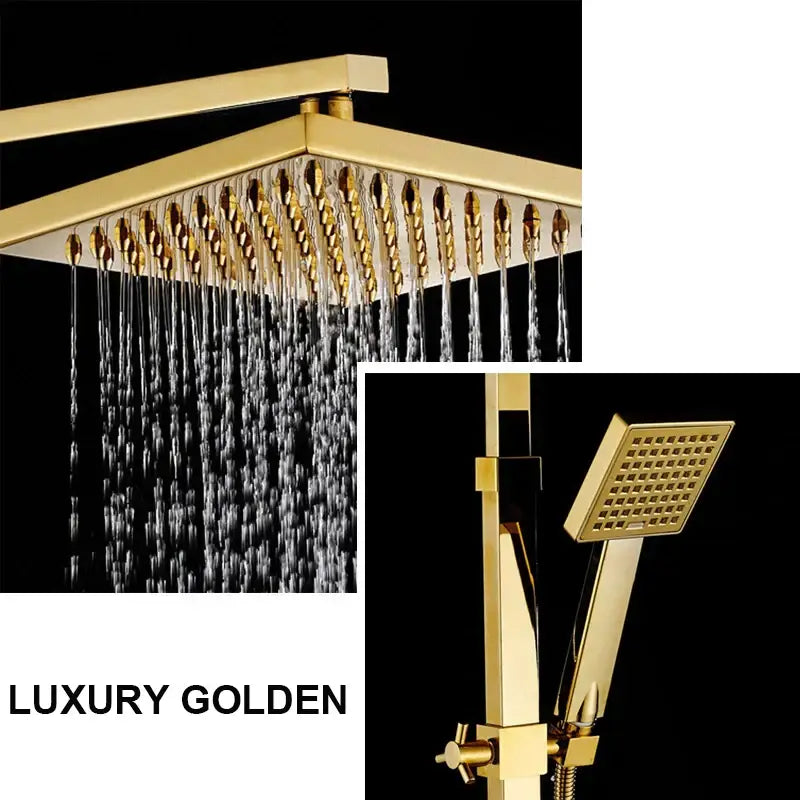 Golden decorbites™ 8 inch square rainfall shower faucet set with handheld unit and sleek modern design for wall mount use