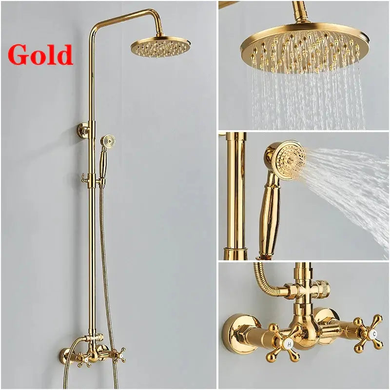 Decorbites 8 inch gold finished brass shower faucet set with rainfall head handheld sprayer and cross-handle mixer valve