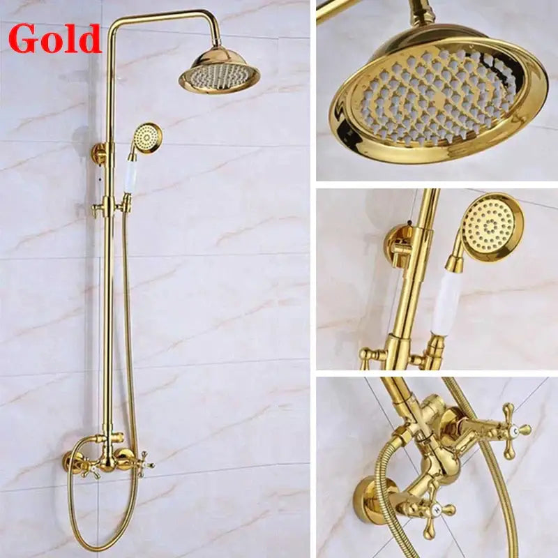 Decorbites™ 8 inch square rainfall shower faucet set with gold brass finish, white ceramic handles, and handheld spray head