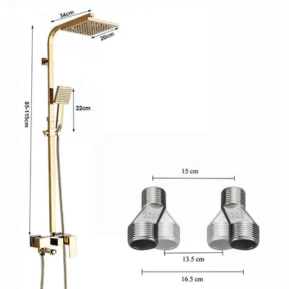 DecorBites™ gold-finished shower faucet set with 8 inch square rainhead handheld nozzle and stainless steel connectors