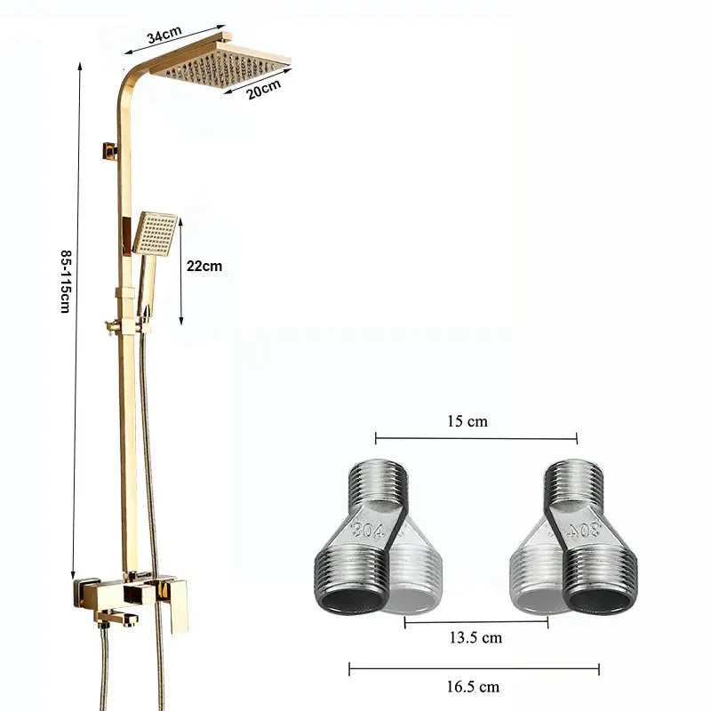 DecorBites™ gold-finished shower faucet set with 8 inch square rainhead handheld nozzle and stainless steel connectors