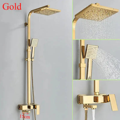 Decorbites 8 inch gold shower faucet set with square rainhead handheld spray and wall mount control valve